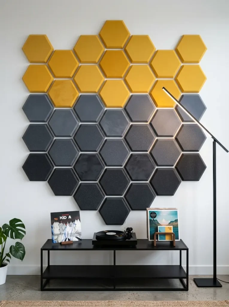 Yellow and grey hexagonal acoustic panels arranged on a white wall above a media console
