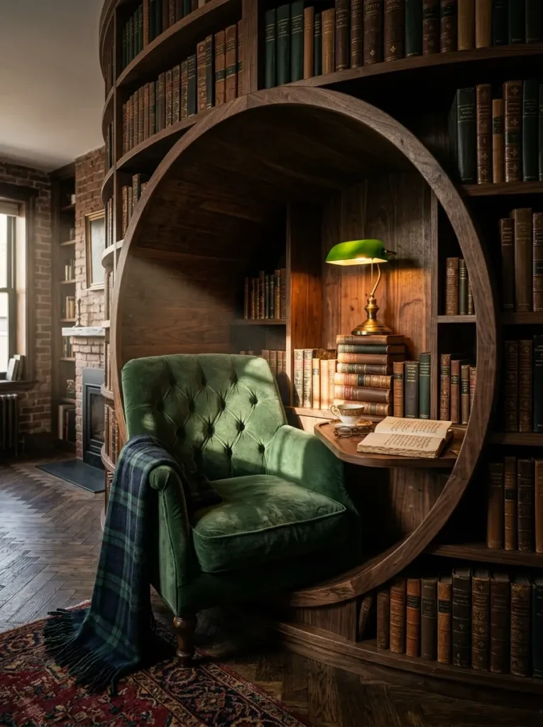 Large circular wooden bookshelf creating a hollow alcove with a green velvet armchair and brass lamp.