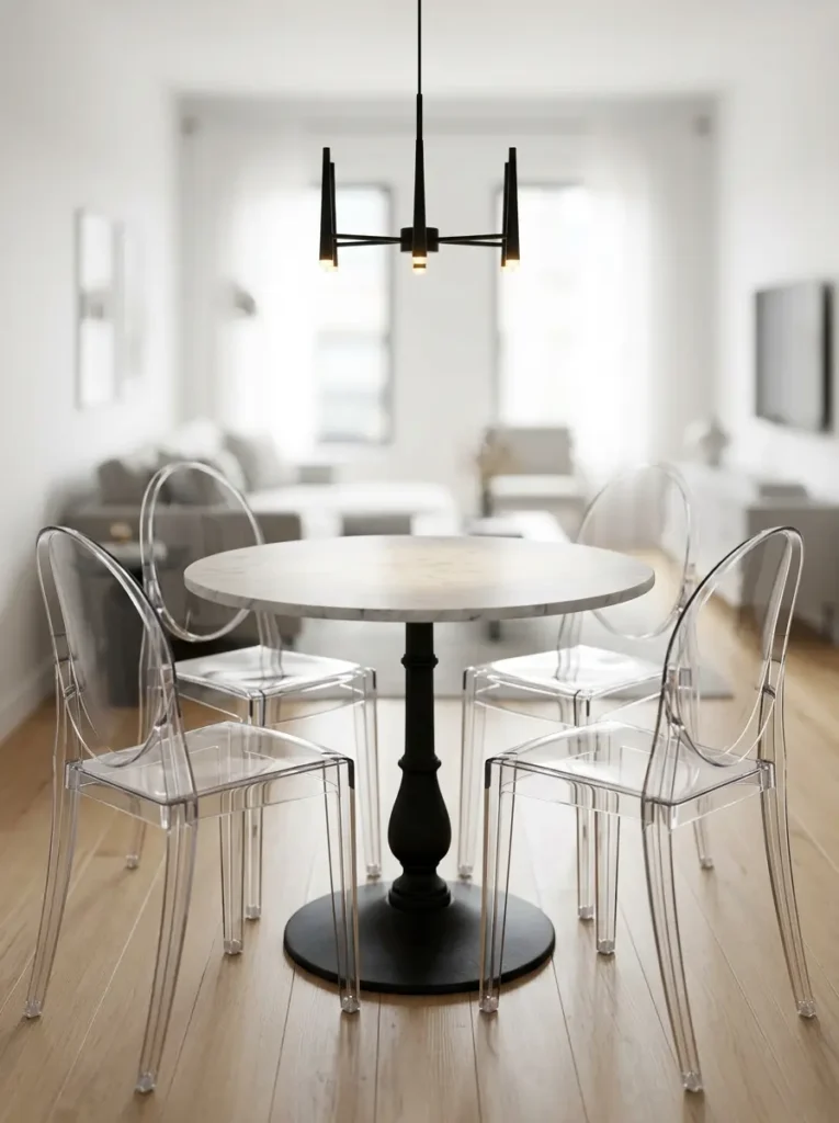 Clear acrylic chairs surround a round dining table in a small apartment