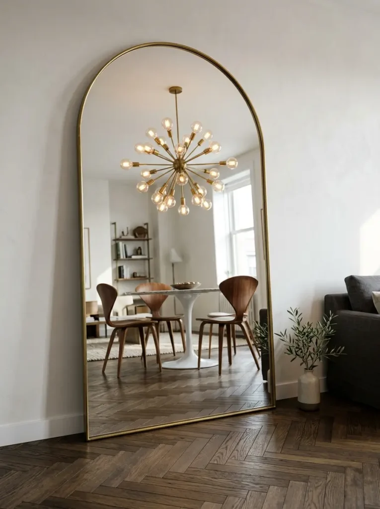 Tall Arched Floor Mirror Large gold framed arched floor mirror reflecting a dining table and wood floors.