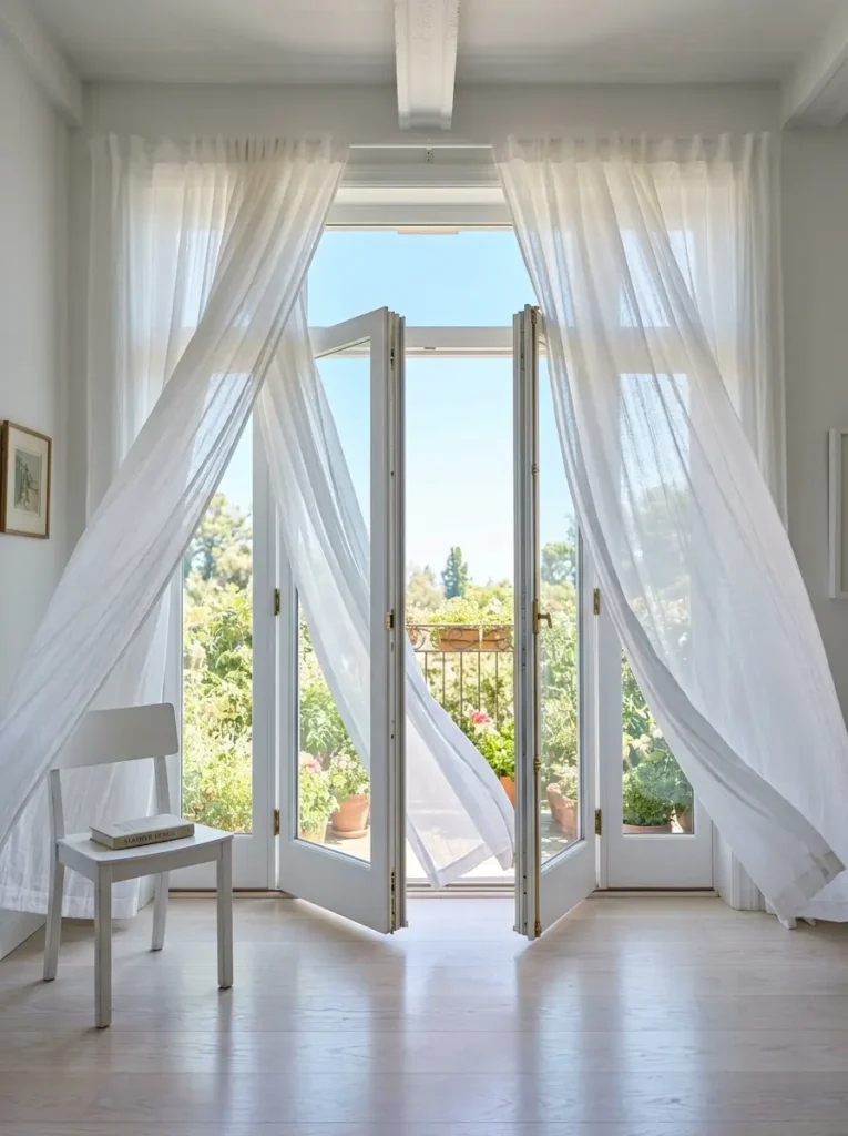 Sheer white curtains blowing through open French doors.
