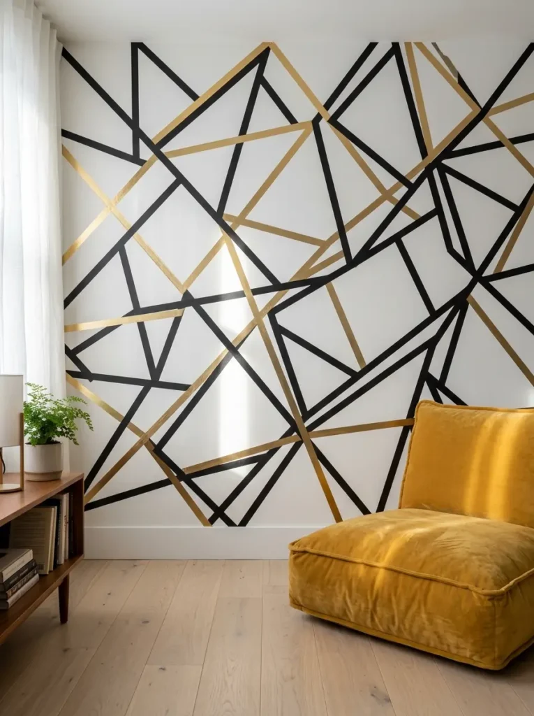 Intersecting lines of black and gold washi tape creating a geometric wall mural