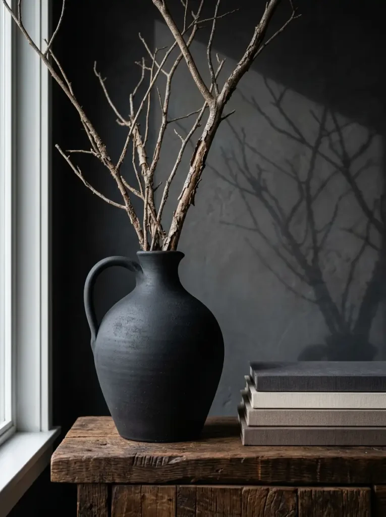 Matte Black Painted Decorative Jug Matte black painted ceramic jug holding tall dry tree branches on a rustic wooden console.