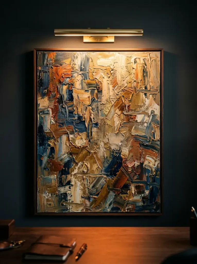 Illuminated Textured Canvas | StylishGalore Brass picture light shining down on a heavily textured abstract oil painting on a dark wall