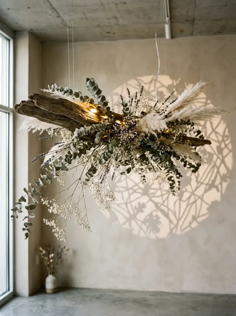 Driftwood Floral Hanging Mobile Suspended driftwood log decorated with dried eucalyptus and pampas grass casting shadows on a wall.