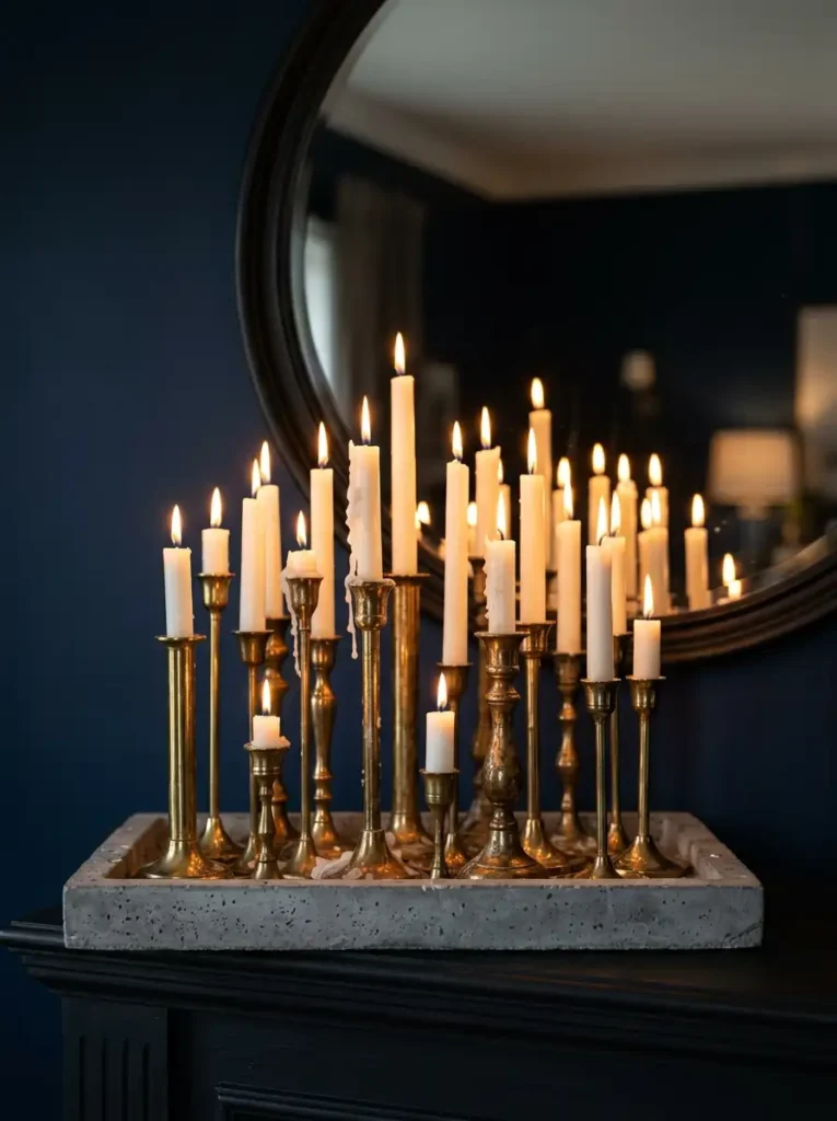 Clustered Brass Candlesticks Concrete Tray Multiple vintage brass candlesticks of varying heights sitting in a raw concrete tray with lit candles