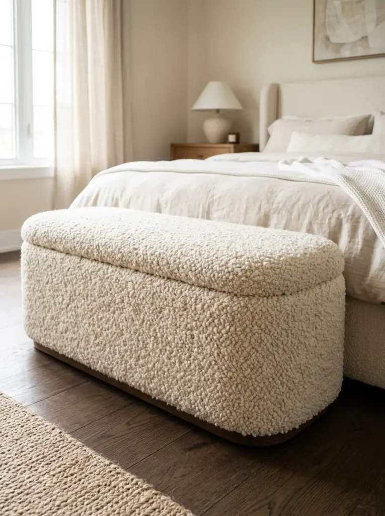 Creamy nubby boucle fabric covering a rectangular storage trunk at the foot of a bed.