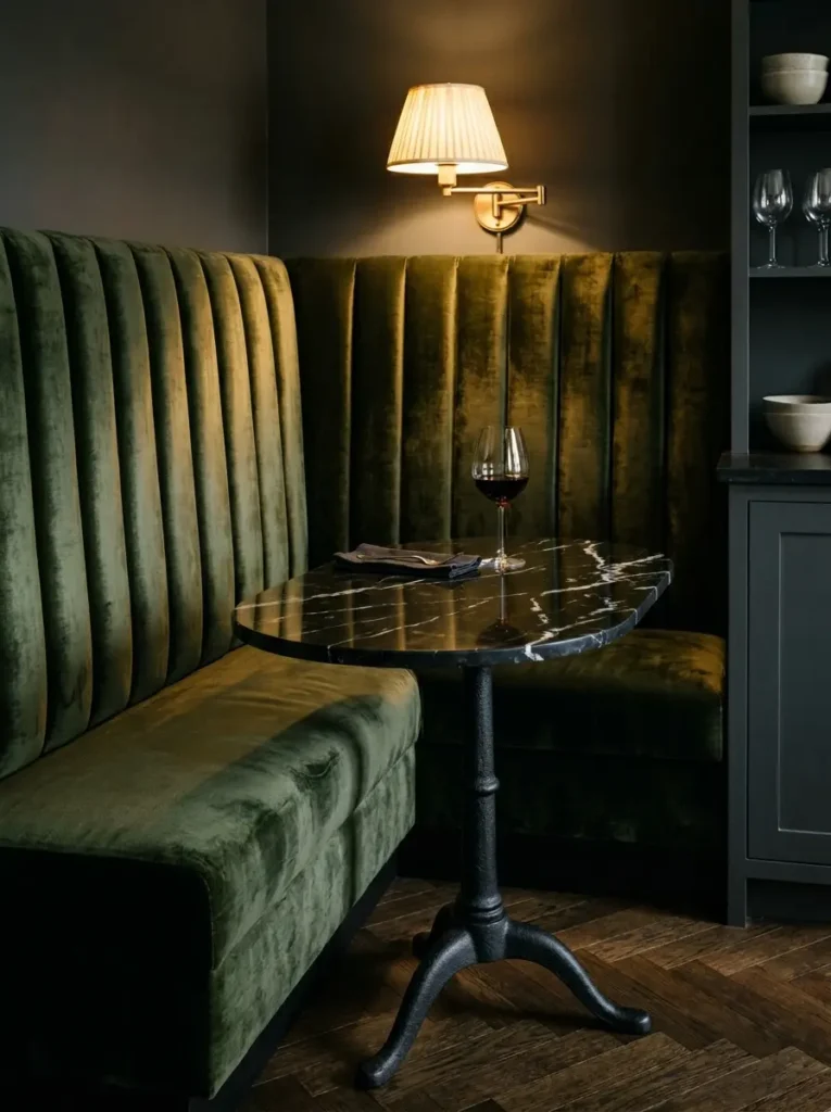 tall channel tufted green velvet booth seating in a dark dining corner