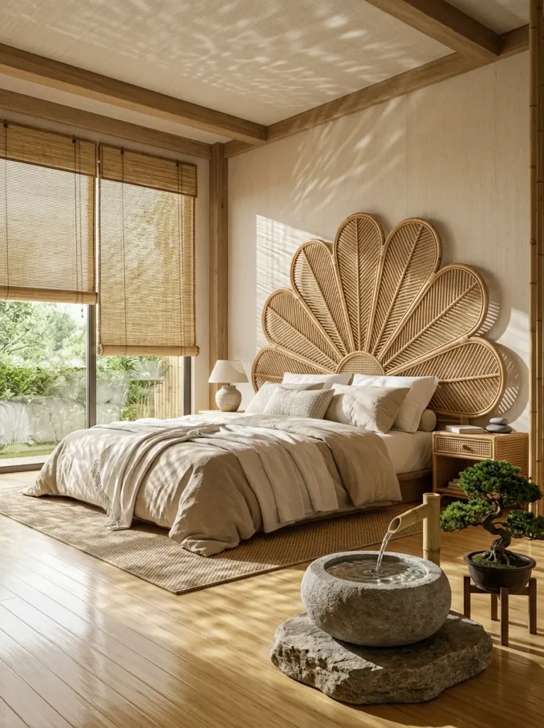 Giant woven rattan petal headboard earthy linen bedding and bamboo window blinds in a bright natural bedroom