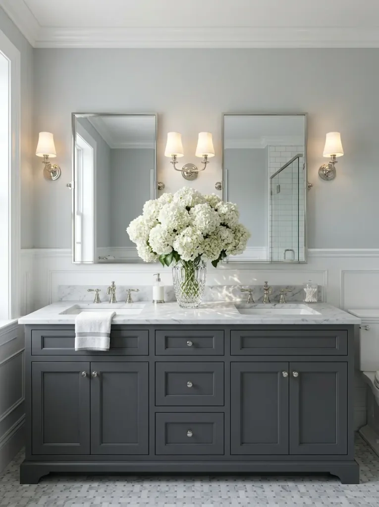 Grey double vanity with marble top and a large vase of white hydrangeas.