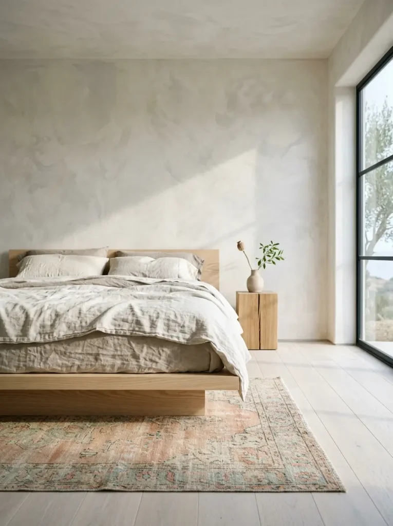 Minimalist floating wood bed frame with gray linen bedding and a vintage rug.