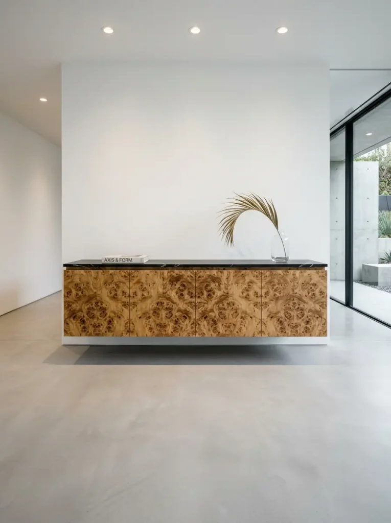 Wall mounted burl wood cabinet hanging above a concrete floor