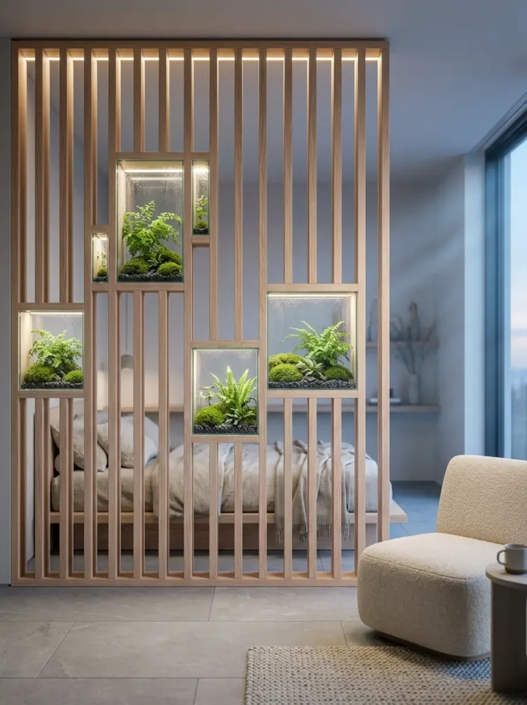 Vertical light wood slat room divider featuring built in glass terrariums with green moss and ferns.