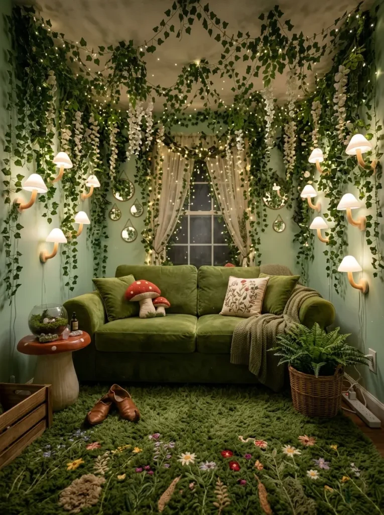 Green velvet couch surrounded by artificial hanging ivy vines and glowing mushroom wall lamps in fairy themed rental living room