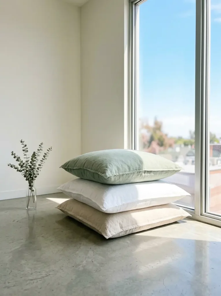 Sage white and beige linen floor pillows stacked on concrete.