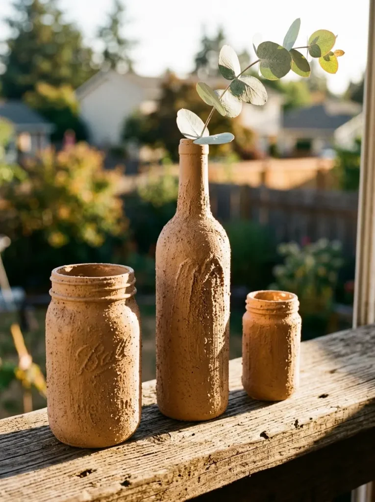 Recycled glass jars coated in tan paint and baking soda for a faux clay texture