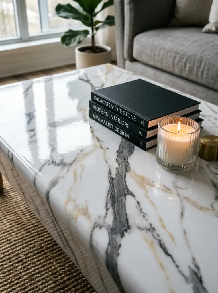 Faux Marble Contact Paper Table Coffee table covered in faux marble contact paper styled with black books and a candle.