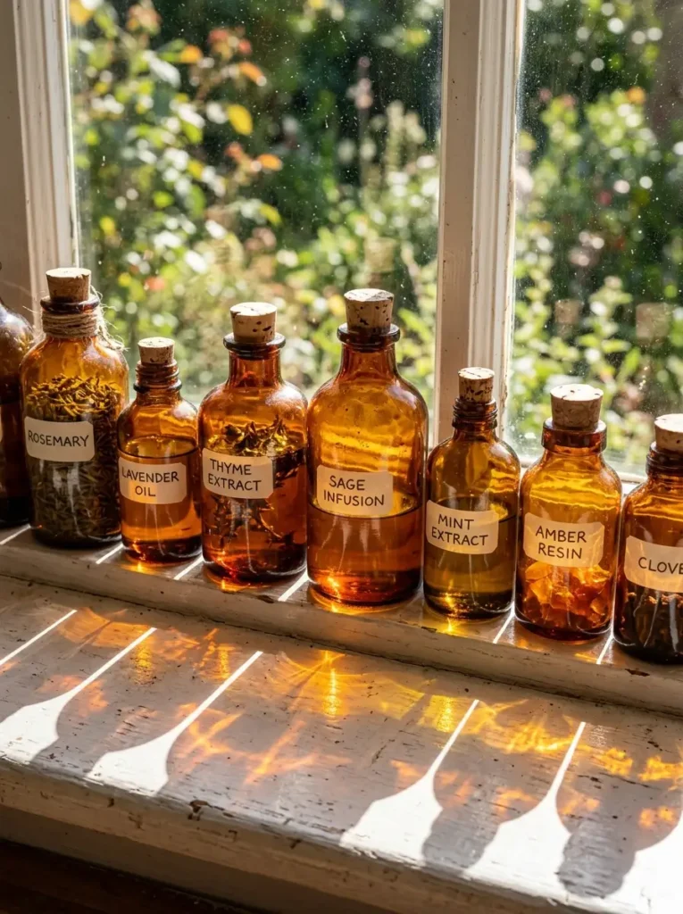 Amber Apothecary Bottles | StylishGalore Amber glass apothecary bottles with paper labels sitting on a bright white wooden windowsill