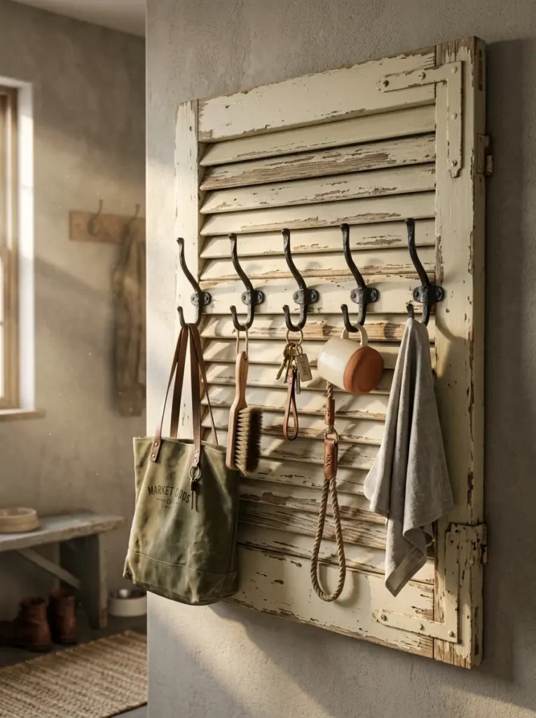 Repurposed Window Shutter Rack Weathered white wooden shutter mounted on a wall with dark metal hooks holding bags and keys.