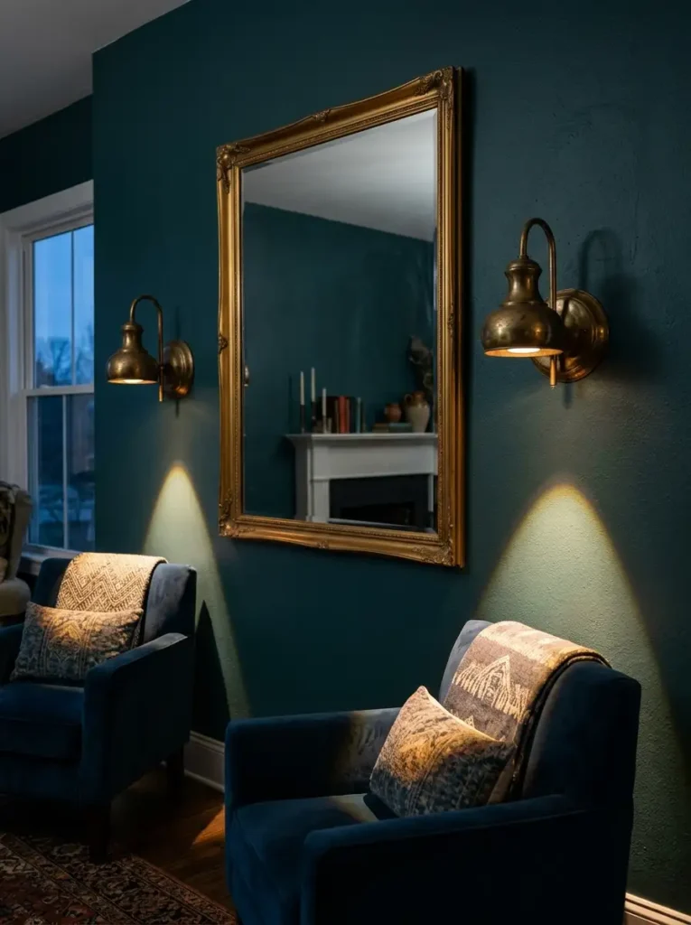 Vintage Brass Wall Sconces Puck Lights Unwired vintage brass wall sconces illuminating two blue velvet armchairs using hidden battery operated puck lights
