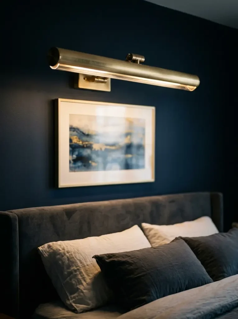 Brushed brass picture light illuminating a framed abstract art print over a velvet headboard.
