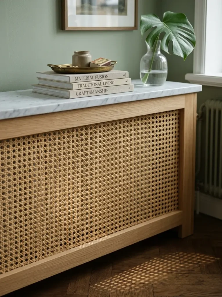 Woven cane radiator cover topped with solid white marble