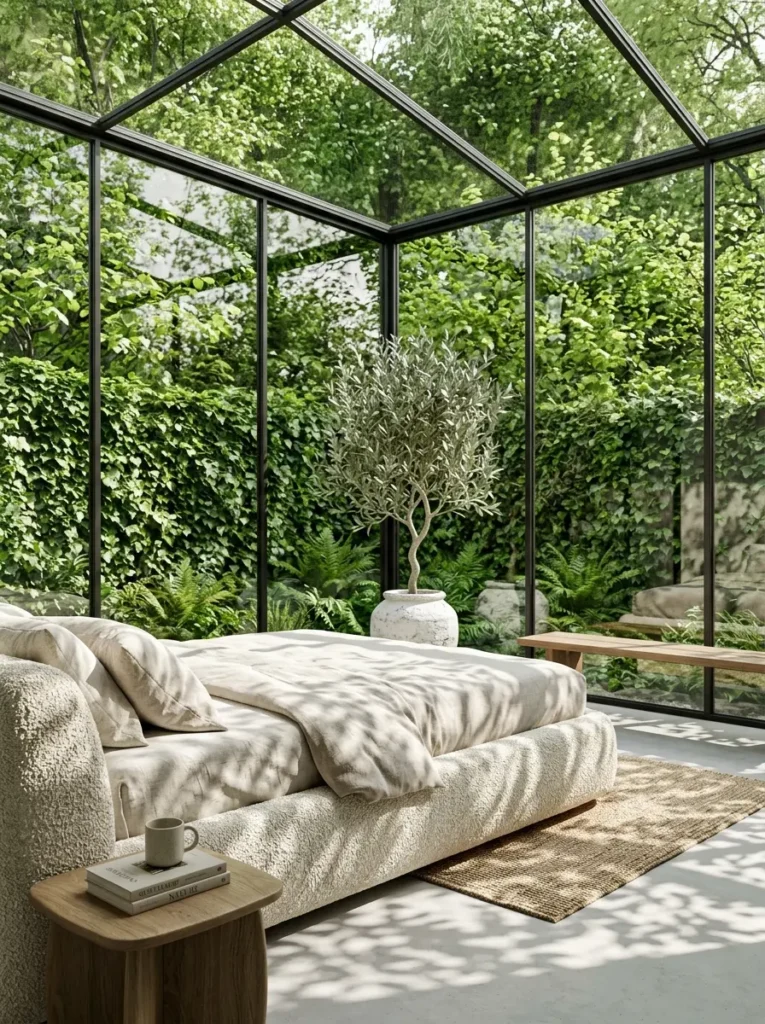 Textured boucle bed located inside a glass sunroom surrounded by green ivy walls and an indoor potted olive tree