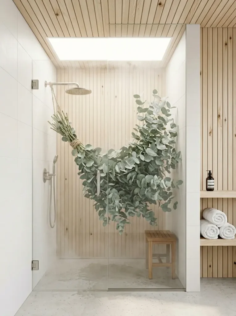 Modern shower with wood slats and a bundle of eucalyptus tied to the showerhead.