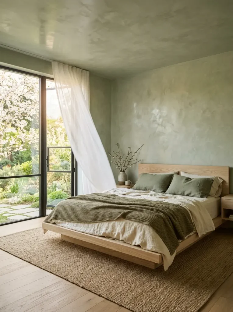 Green bedroom with white curtains and glass doors opening to a spring garden.