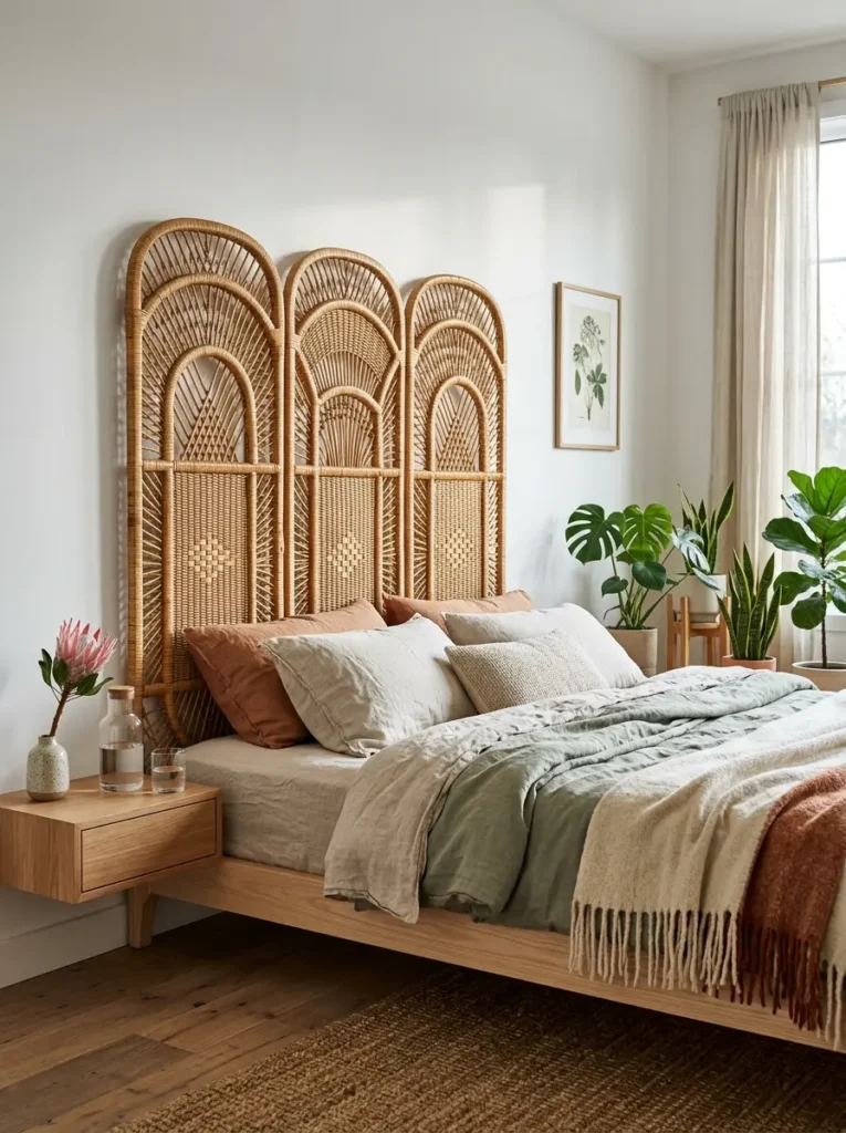 Three tall woven rattan panels standing behind a bed with linen sheets
