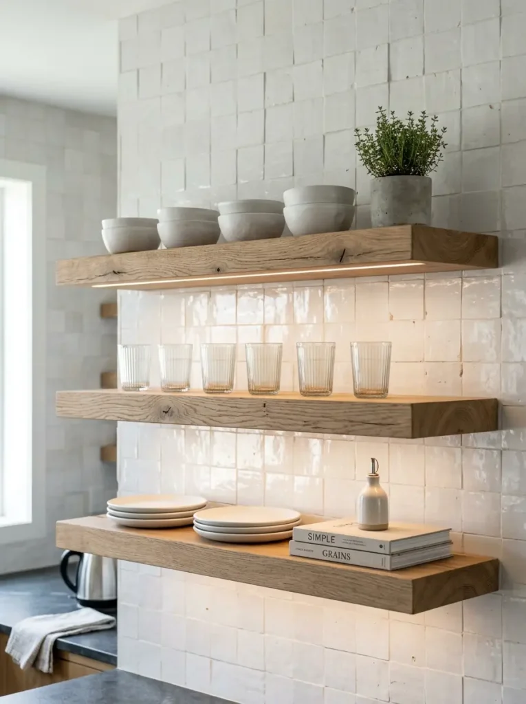 Thick oak floating shelves with under cabinet lighting hold ceramic dishes