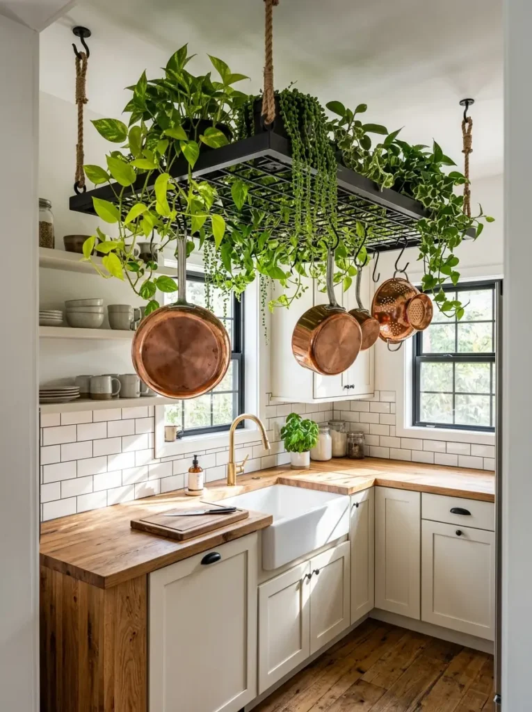 Black metal grate hanging from a kitchen ceiling holding trailing green plants and copper pots.