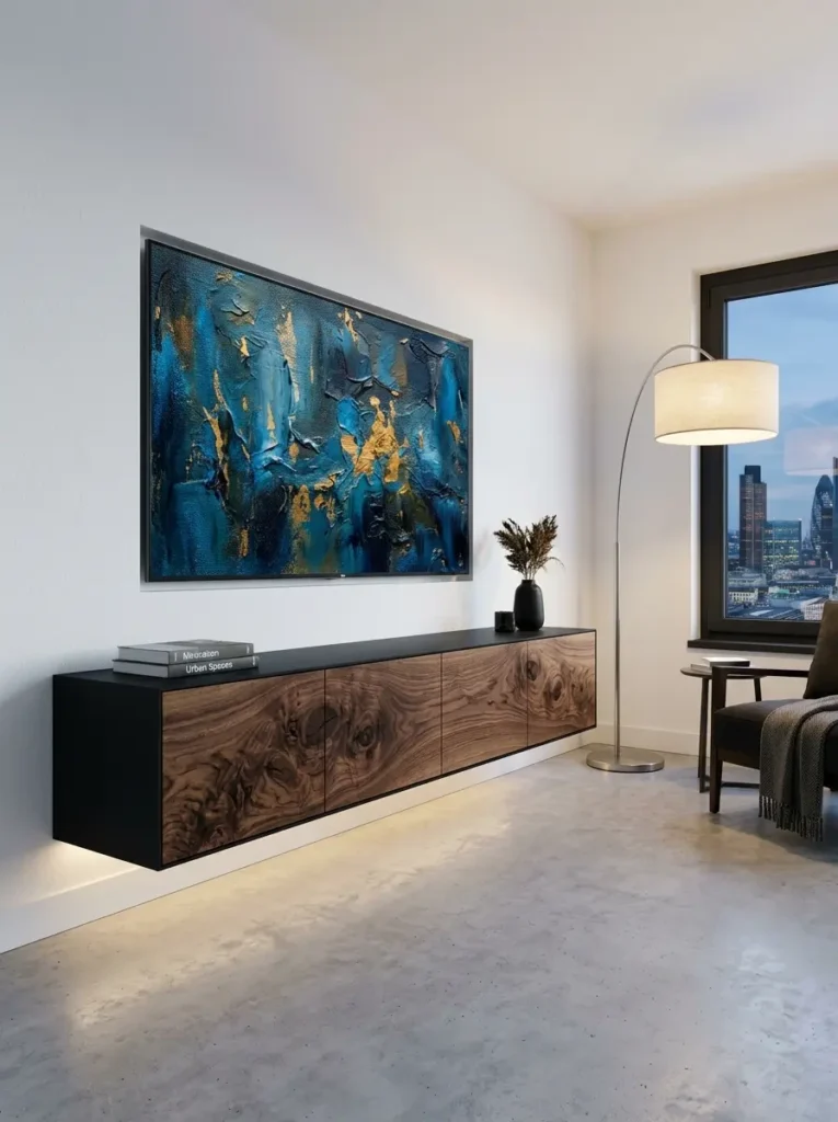 Floating Wood Media Console Wall mounted dark wood media console sitting below a large abstract blue and gold painting.