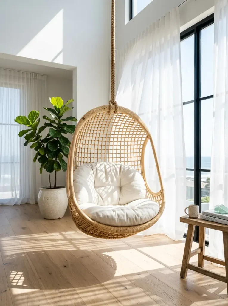 Wicker hanging egg chair with white cushions in a living room.