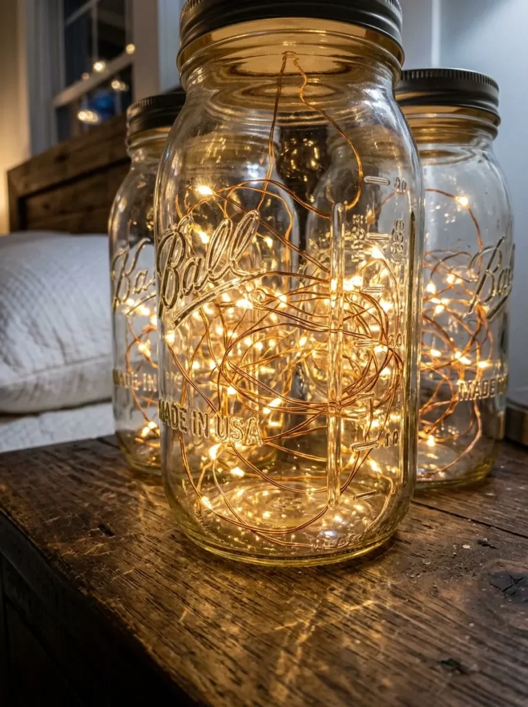 Glass mason jars glowing with battery operated copper fairy lights on a wooden table