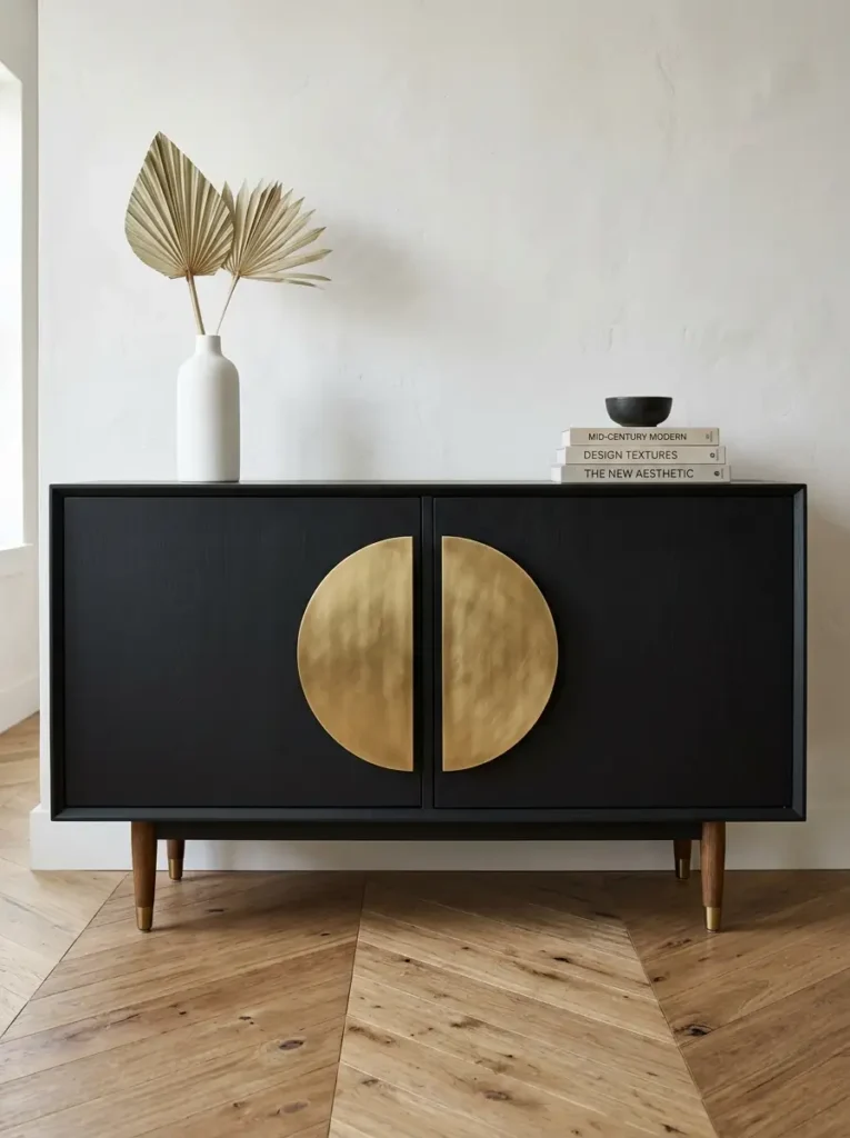 Matte Black Painted Wooden Credenza Matte black painted wooden credenza featuring large brass half moon handles on a light floor.