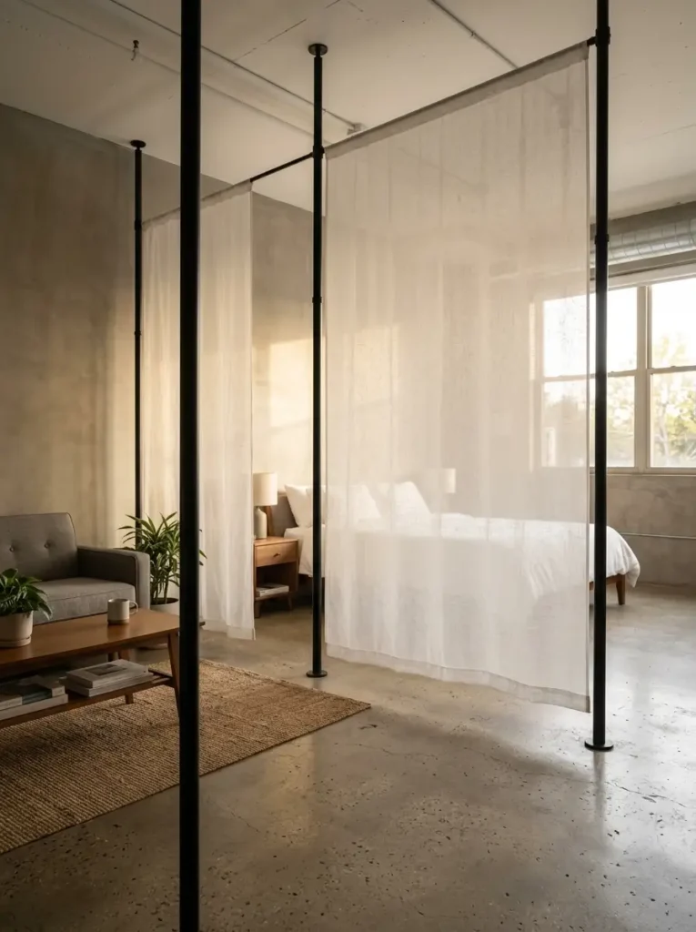 Tension Rod Room Divider | StylishGalore Sheer white linen fabric panels suspended between black tension rods dividing a studio apartment