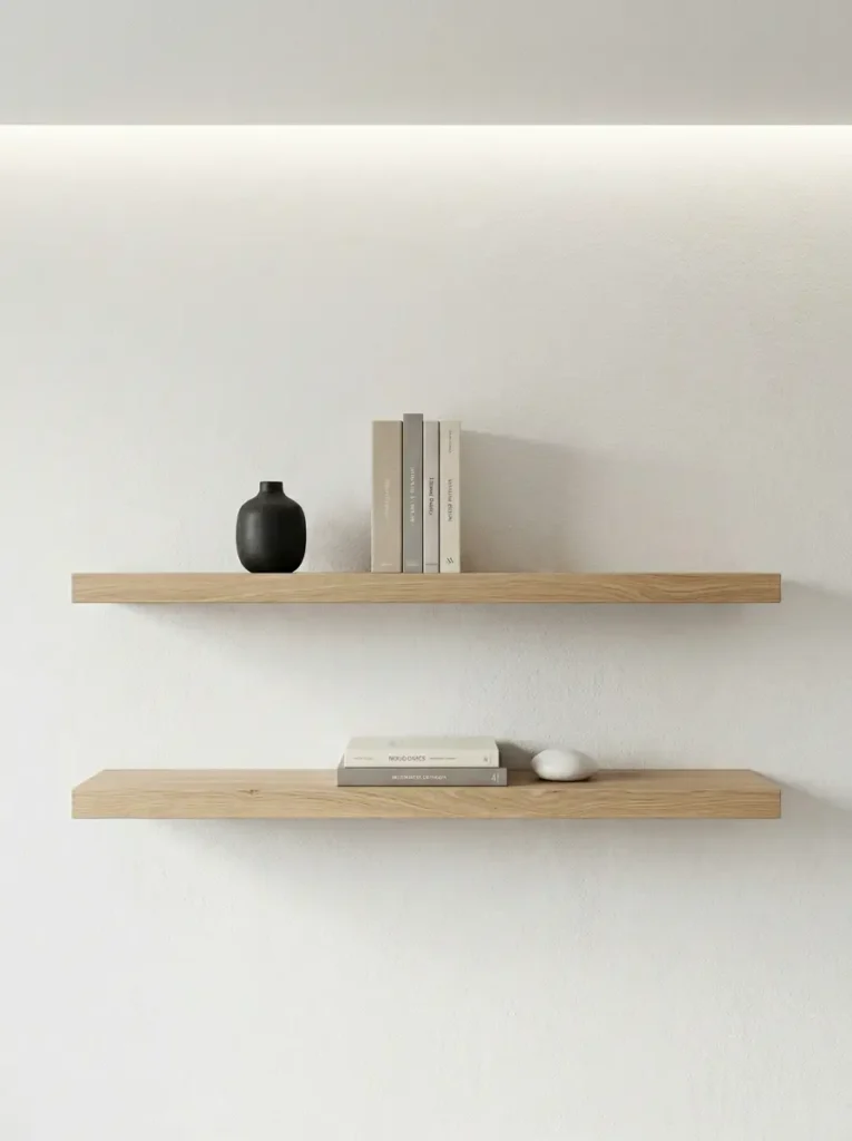 Minimalist Floating Wooden Shelves Two minimalist light oak floating shelves holding a black vase and stacked books.