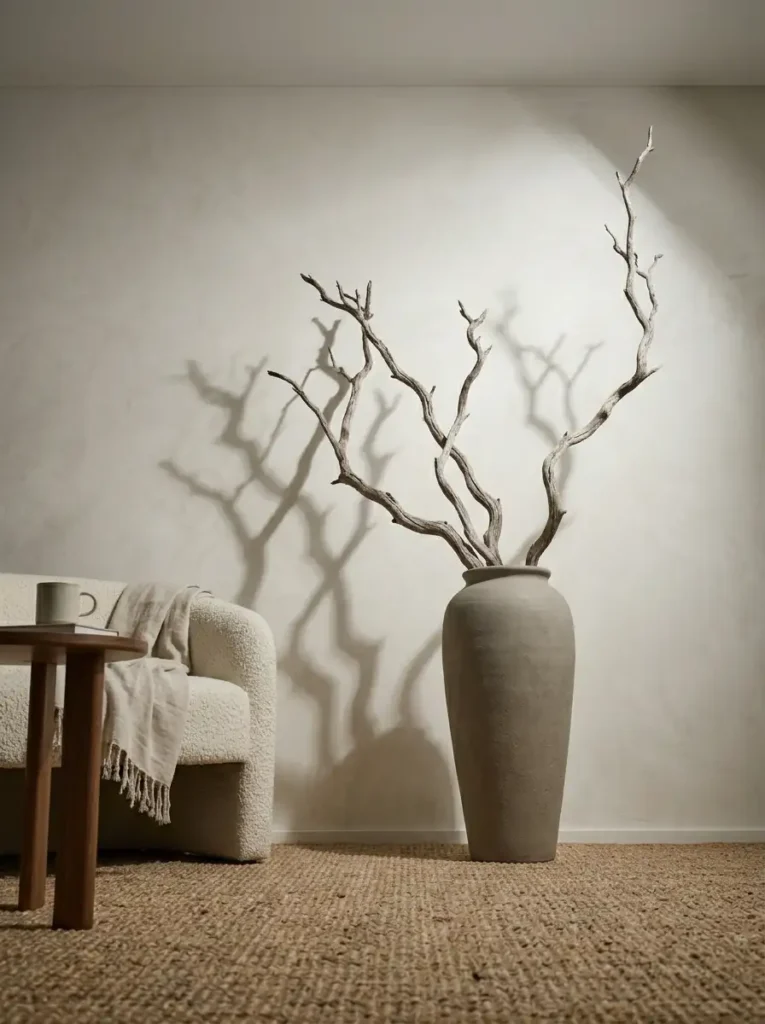 Matte Floor Vase Dry Branches Tall matte grey ceramic floor vase holding large dry foraged branches against a white living room wall