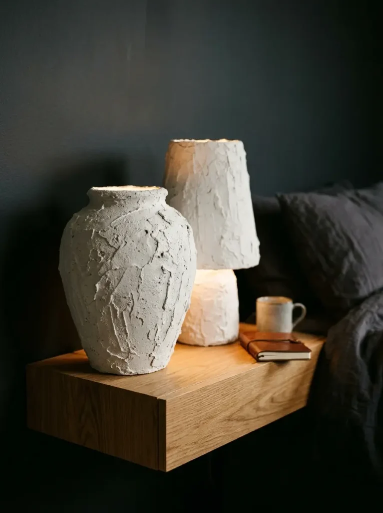 Table lamp and vase covered in thick textured white plaster sitting on a floating wooden nightstand.