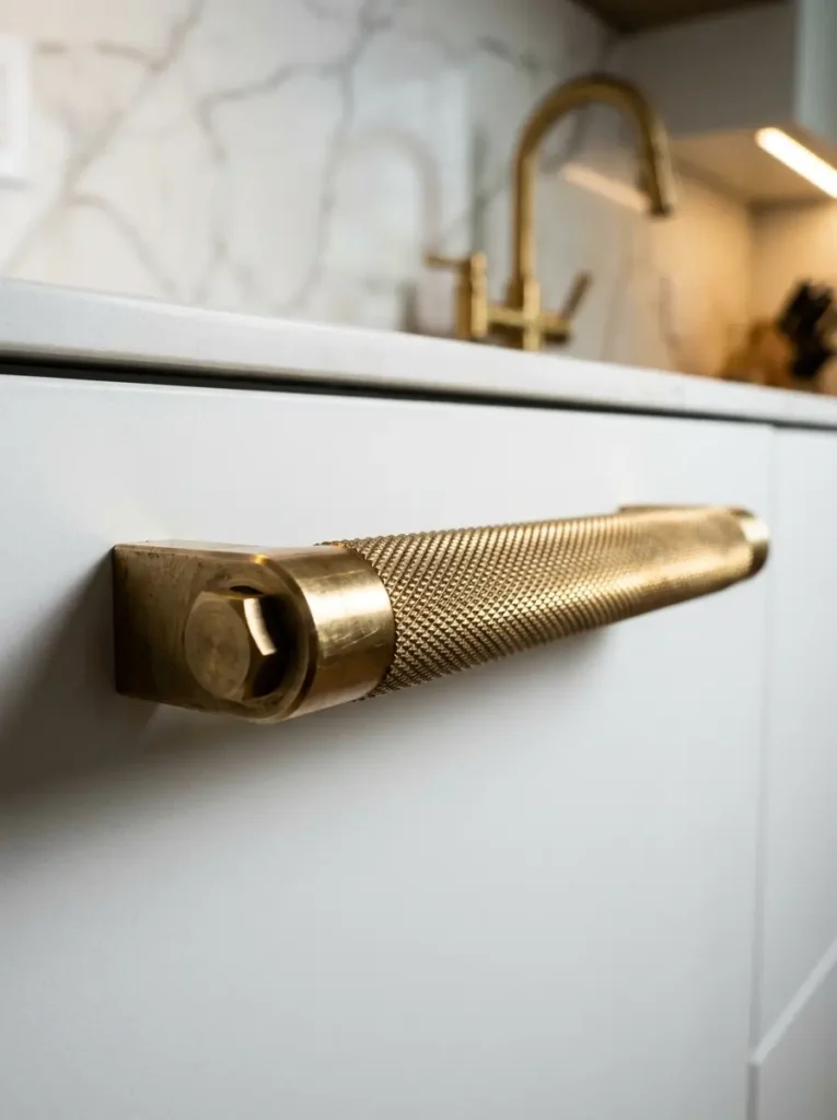 Thick knurled solid brass handle on a white kitchen cabinet