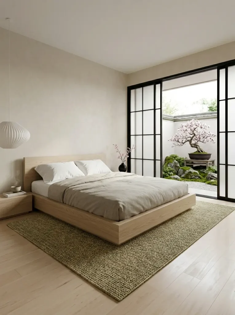 Low wood platform bed on a green woven rug facing sliding frosted glass doors that open to a blooming bonsai tree