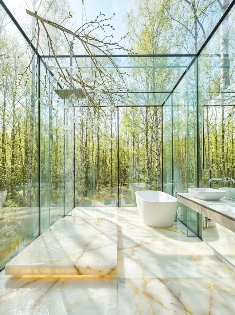 Floor to ceiling glass bathroom walls looking out at green birch trees.
