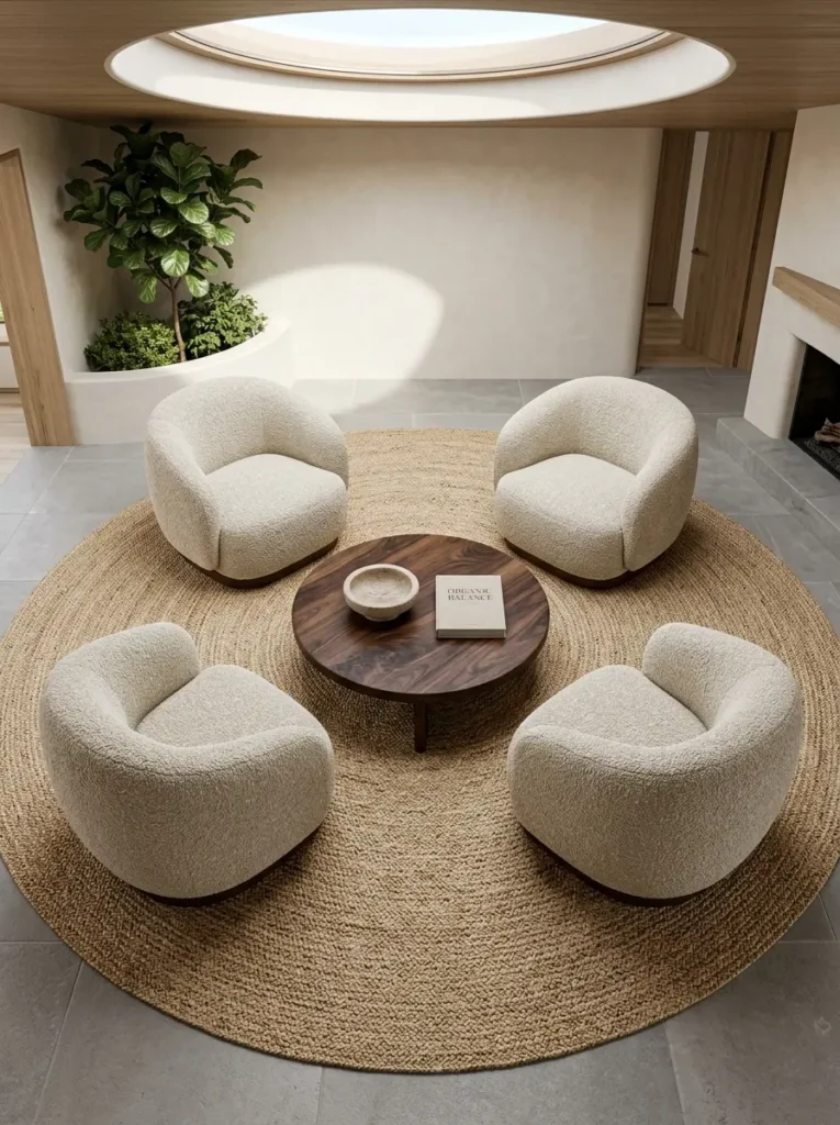 Four cream boucle chairs in a circle around a wood table under a circular skylight.