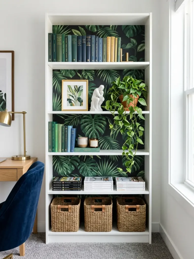 White bookcase with dark tropical leaf wallpaper lining the back panels