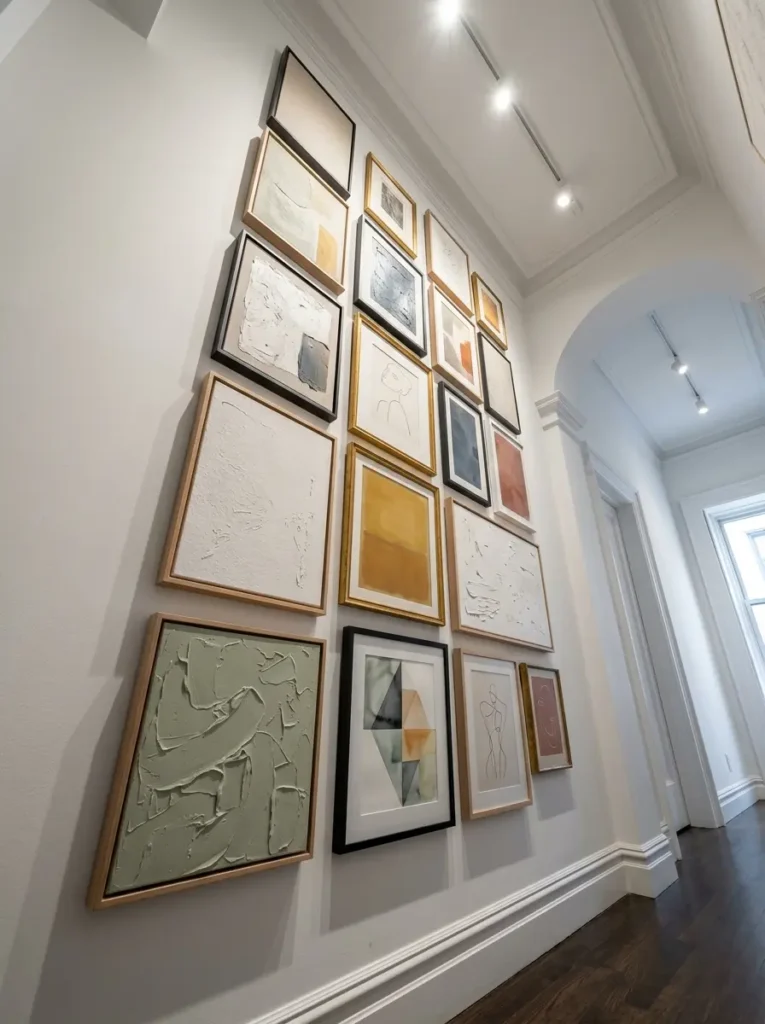Framed artwork stacked vertically from the floor to the high ceiling