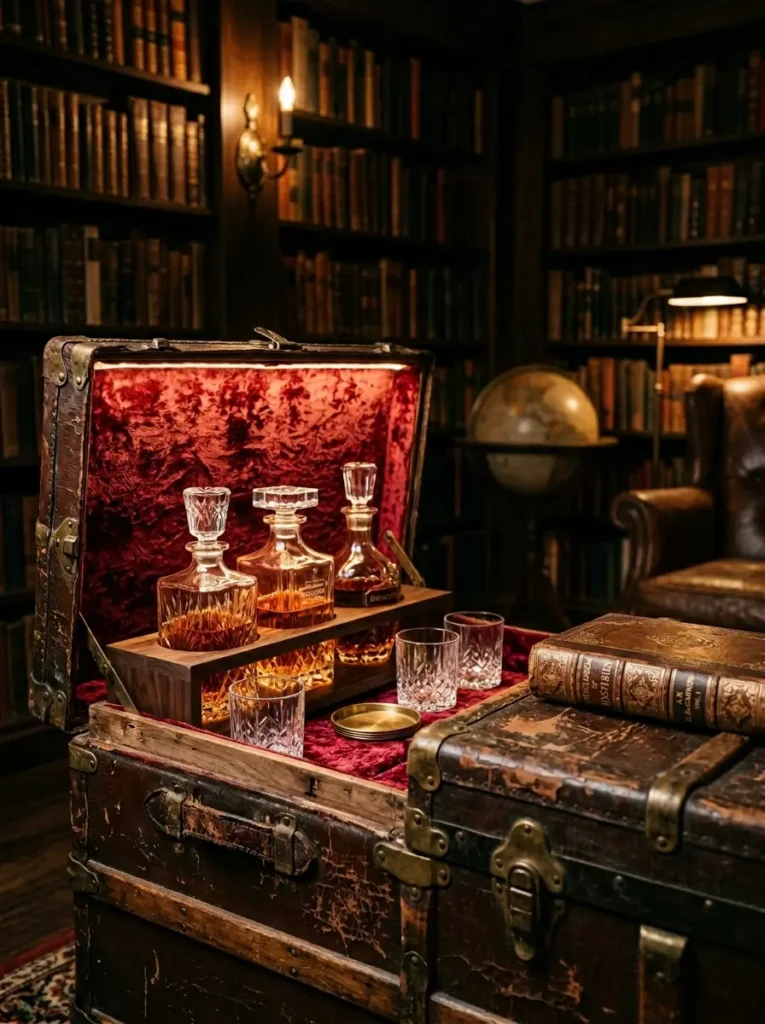Open antique leather trunk lined with red velvet holding crystal liquor decanters and glasses.