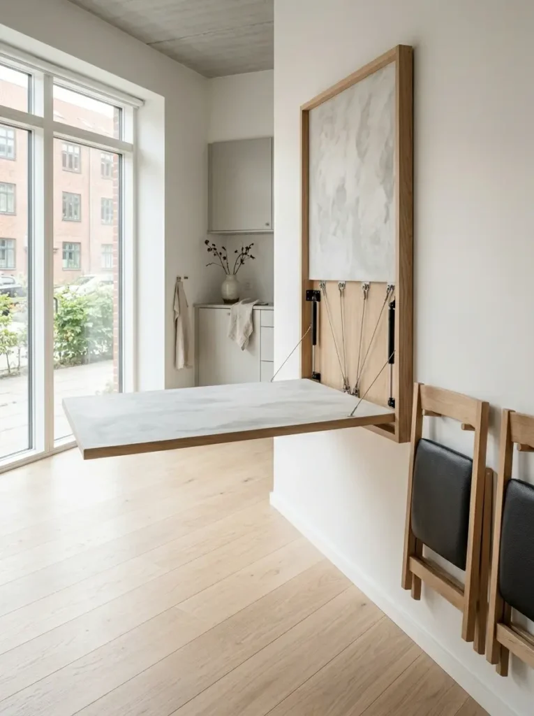 Wall Mounted Fold Down Table Wall mounted oak frame holding a drop down marble table with folded chairs nearby.
