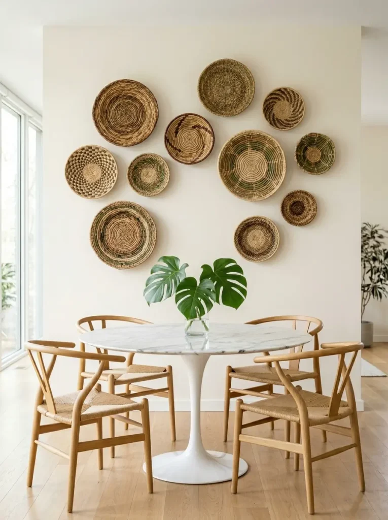 Wall gallery of circular woven baskets above a dining table.