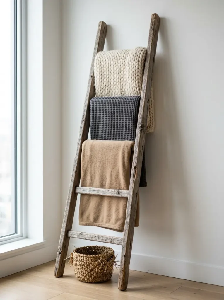 Vintage wooden orchard ladder leaning against a wall displaying folded throw blankets